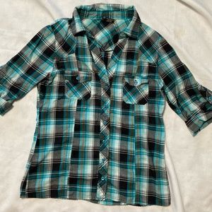 Passport teal plaid Women’s blouse in size L.